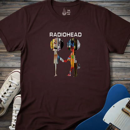 Dark chocolate adult men women gildan 64000 shirt featuring radiohead metal band album collage, vintage music band t-shirt