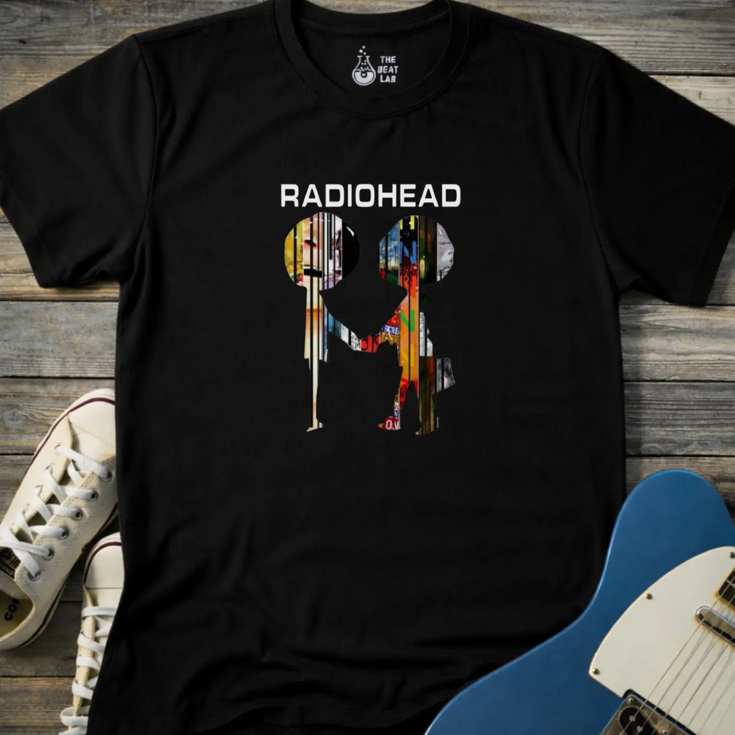 Black adult men women gildan 64000 shirt featuring radiohead metal band album collage, vintage music band t-shirt
