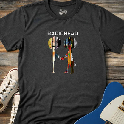 Dark heather grey adult men women gildan 64000 shirt featuring radiohead metal band album collage, vintage music band t-shirt