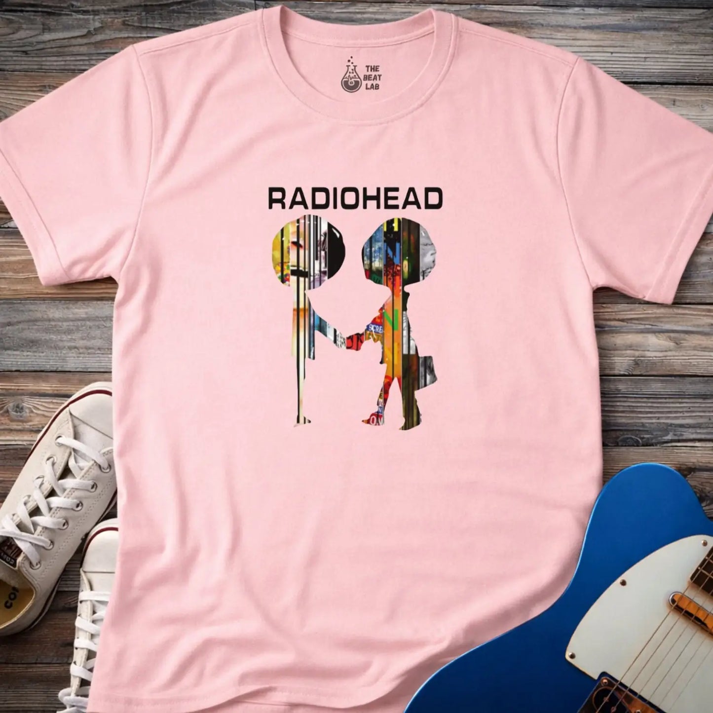 Light pink adult men women gildan 64000 shirt featuring radiohead metal band album collage, vintage music band t-shirt