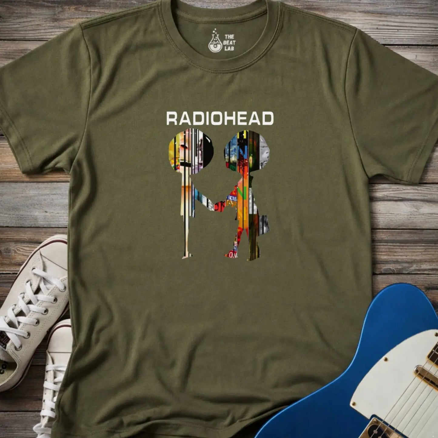Military green adult men women gildan 64000 shirt featuring radiohead metal band album collage, vintage music band t-shirt