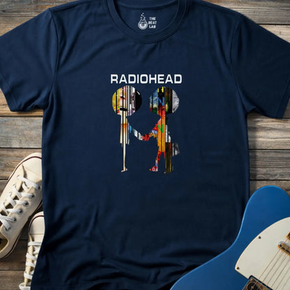 Navy blue adult men women gildan 64000 shirt featuring radiohead metal band album collage, vintage music band t-shirt