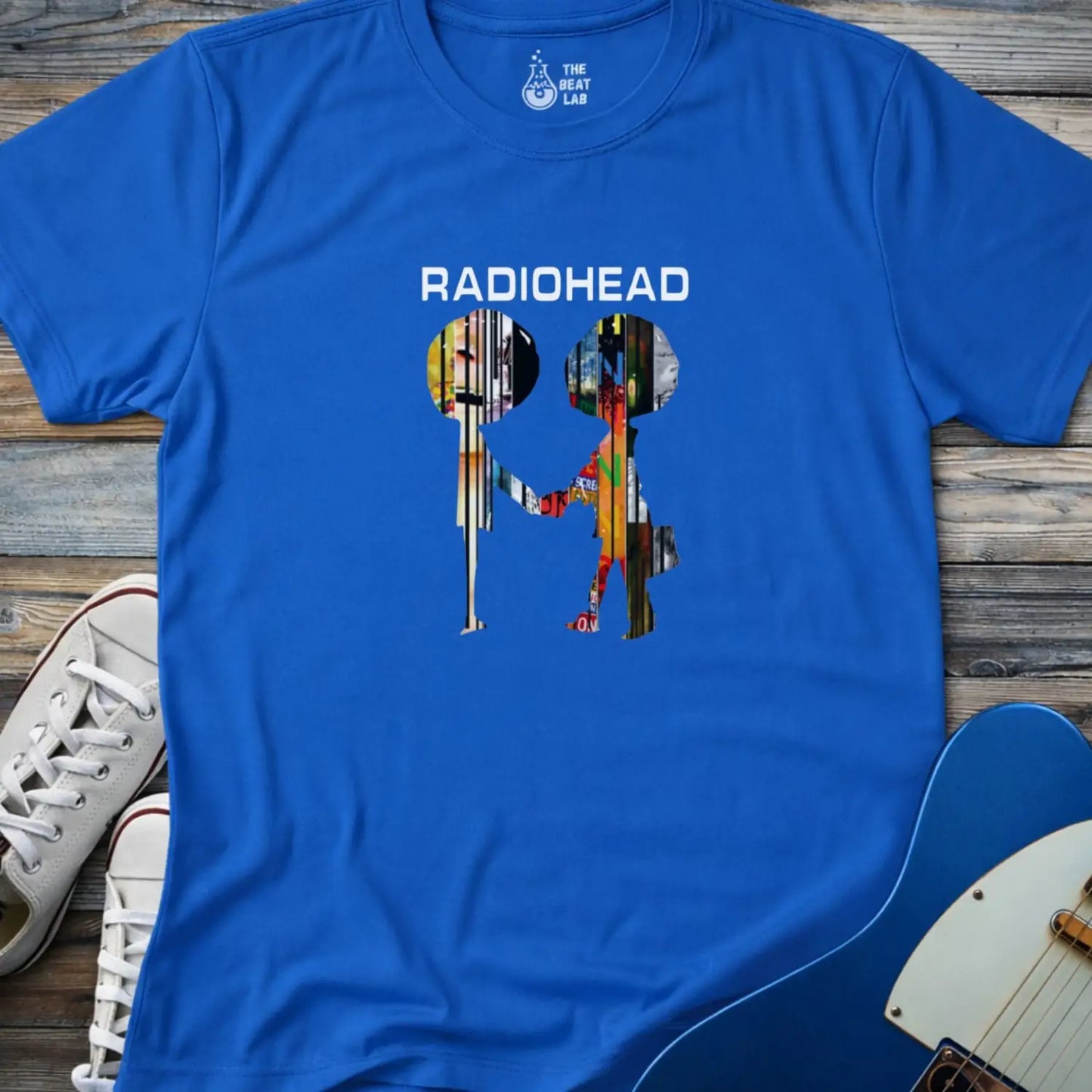 Royal blue adult men women gildan 64000 shirt featuring radiohead metal band album collage, vintage music band t-shirt