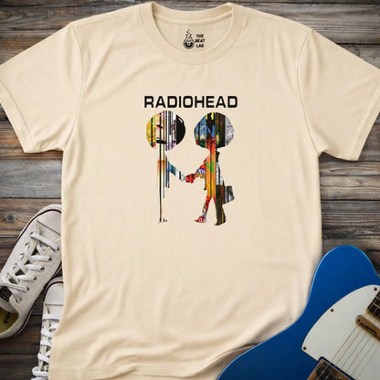 Sand beige adult men women gildan 64000 shirt featuring radiohead metal band album collage, vintage music band t-shirt