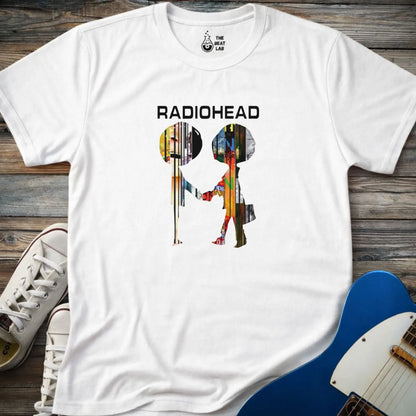 White adult men women gildan 64000 shirt featuring radiohead metal band album collage, vintage music band t-shirt