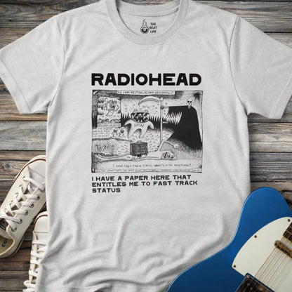 Sport grey color of adult women men gildan 64000 shirt featuring radiohead fast track comic art, vintage bandwear music shirt