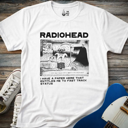 White color of adult women men gildan 64000 shirt featuring radiohead fast track comic art, vintage bandwear music shirt