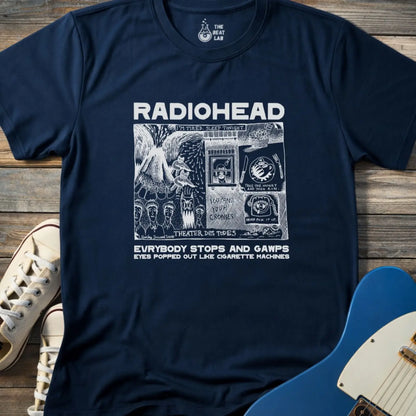 Navy blue adult men women unisex shirt featuring Radiohead comic art everybody stops and gawps eyes popped out like cigarette machines, vintage band music shirt