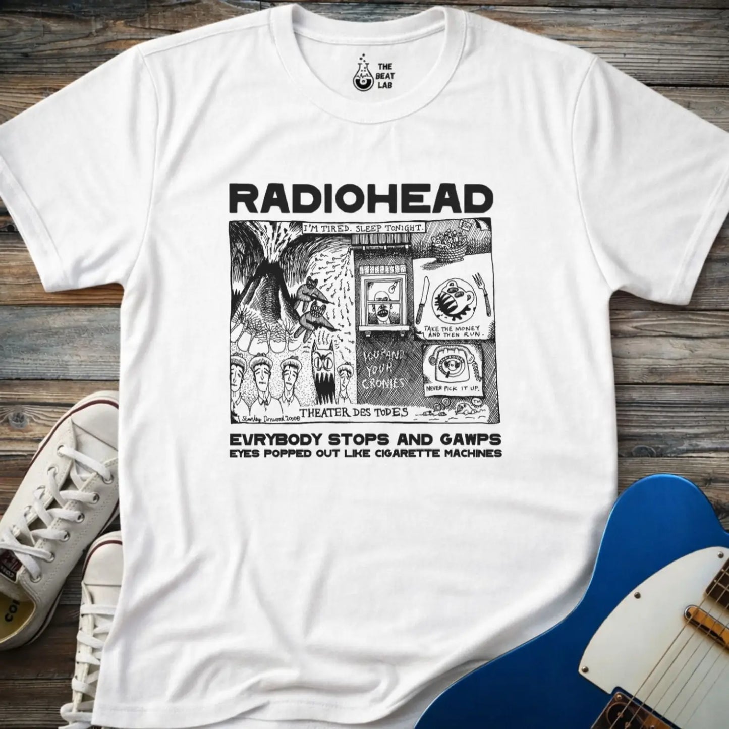White adult men women unisex shirt featuring Radiohead comic art everybody stops and gawps eyes popped out like cigarette machines, vintage band music shirt