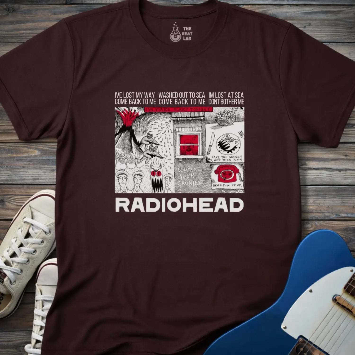 Dark chocolate adult unisex gildan 64000 shirt featuring radiohead band metal, comic art music t-shirt