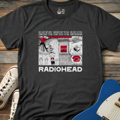 Dark heather grey adult unisex gildan 64000 shirt featuring radiohead band metal, comic art music t-shirt