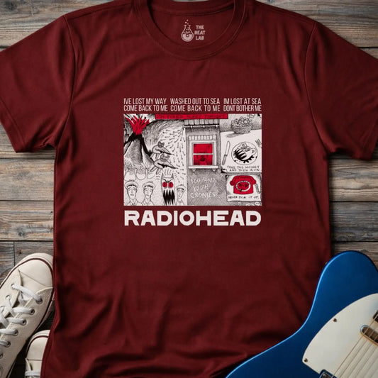 Maroon red adult unisex gildan 64000 shirt featuring radiohead band metal, comic art music t-shirt
