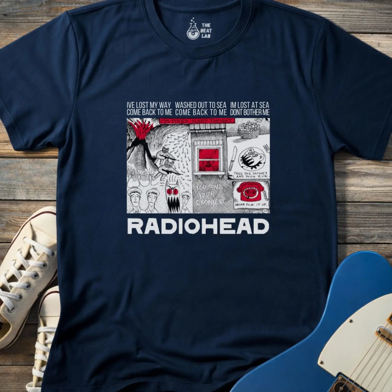 Navy blue grey adult unisex gildan 64000 shirt featuring radiohead band metal, comic art music t-shirt