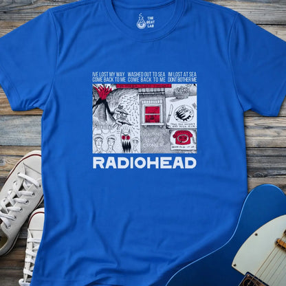Royal blue adult unisex gildan 64000 shirt featuring radiohead band metal, comic art music t-shirt