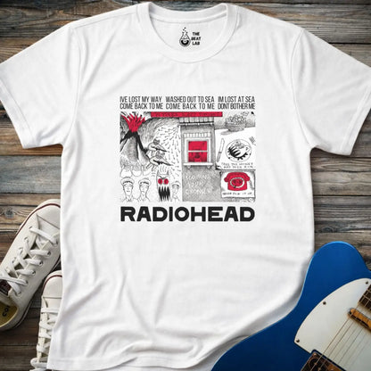 White adult unisex gildan 64000 shirt featuring radiohead band metal, comic art music t-shirt