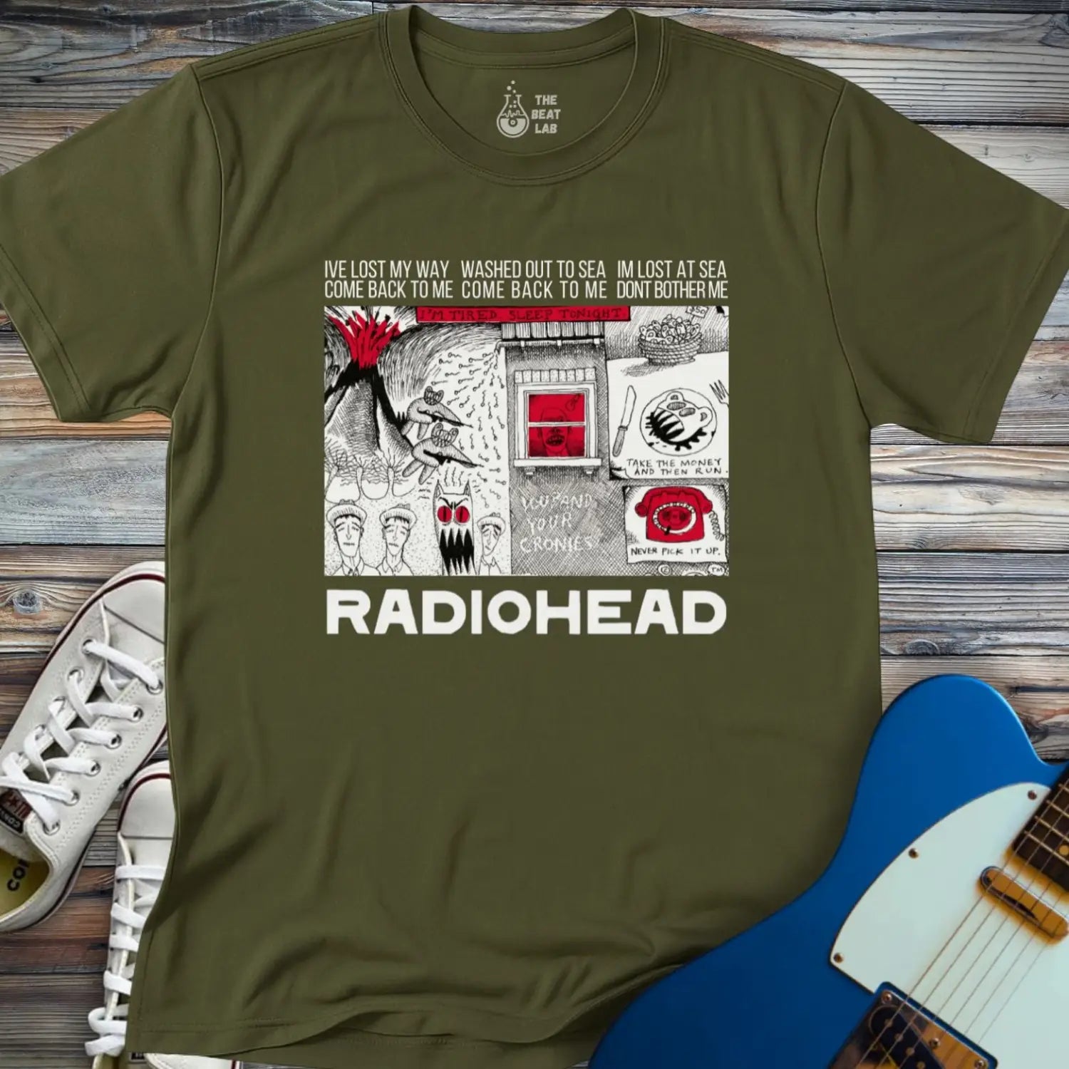 Radiohead Comic Art (V) T-shirt - Military Green / S - T-Shirt