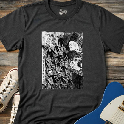 Dark heather grey shirt with black and white graphic design and 'Radiohead' text, classic vintage metal band shirt