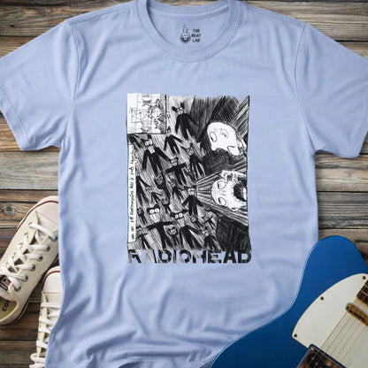 Light blue shirt with black and white graphic design and 'Radiohead' text, classic vintage metal band shirt