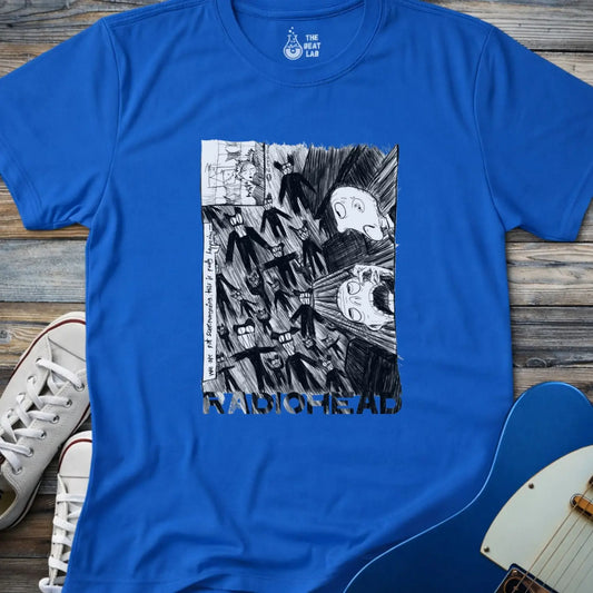 Royal blue shirt with black and white graphic design and 'Radiohead' text, classic vintage metal band shirt