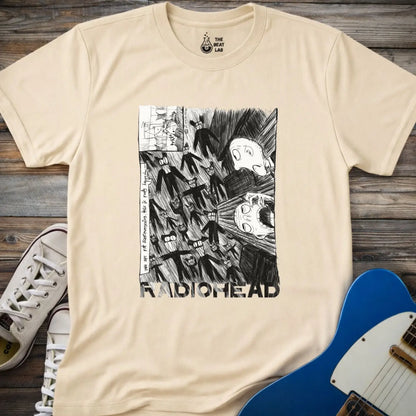 Sand beige shirt with black and white graphic design and 'Radiohead' text, classic vintage metal band shirt