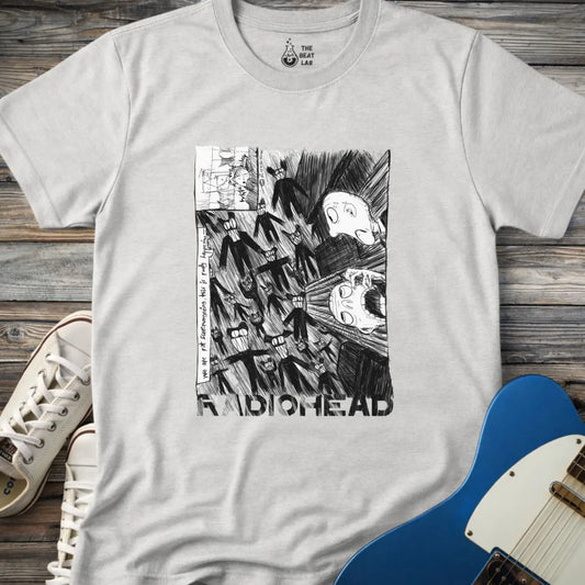 Sport grey shirt with black and white graphic design and 'Radiohead' text, classic vintage metal band shirt
