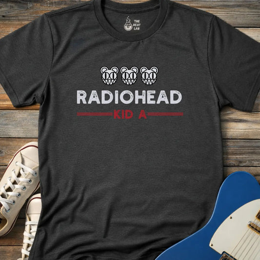 Dark heather grey color of adult men women gildan 64000 shirt featuring radiohead kid a album, vintage band music tee