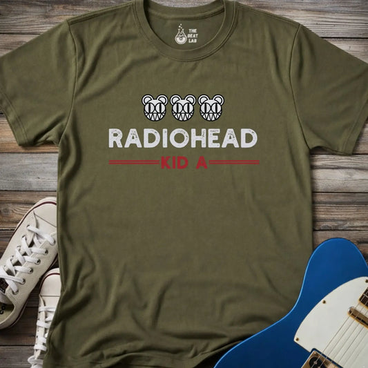 Military green color of adult men women gildan 64000 shirt featuring radiohead kid a album, vintage band music tee