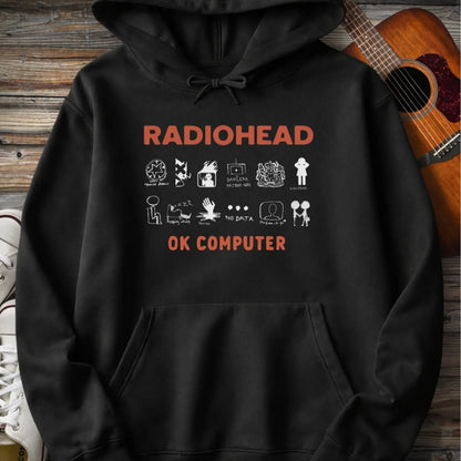 Black color of adult men women pullover fleece Gildan SF500 hoodie featuring vintage radiohead ok computer album rock band music