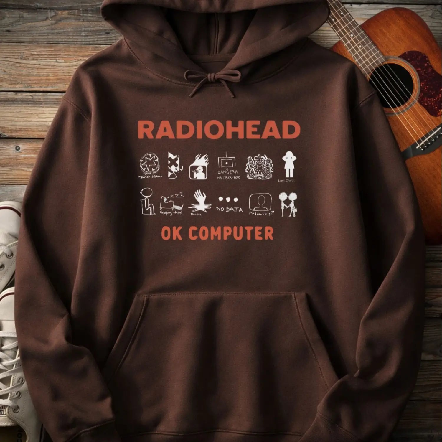 Dark chocolate color of adult men women pullover fleece Gildan SF500 hoodie featuring vintage radiohead ok computer album rock band music