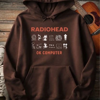 Dark chocolate color of adult men women pullover fleece Gildan SF500 hoodie featuring vintage radiohead ok computer album rock band music