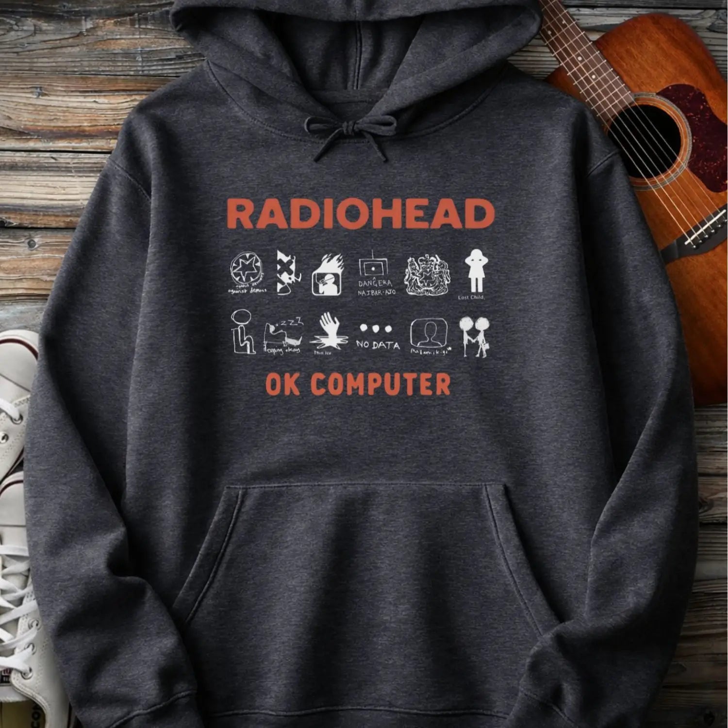 Dark heather grey color of adult men women pullover fleece Gildan SF500 hoodie featuring vintage radiohead ok computer album rock band music