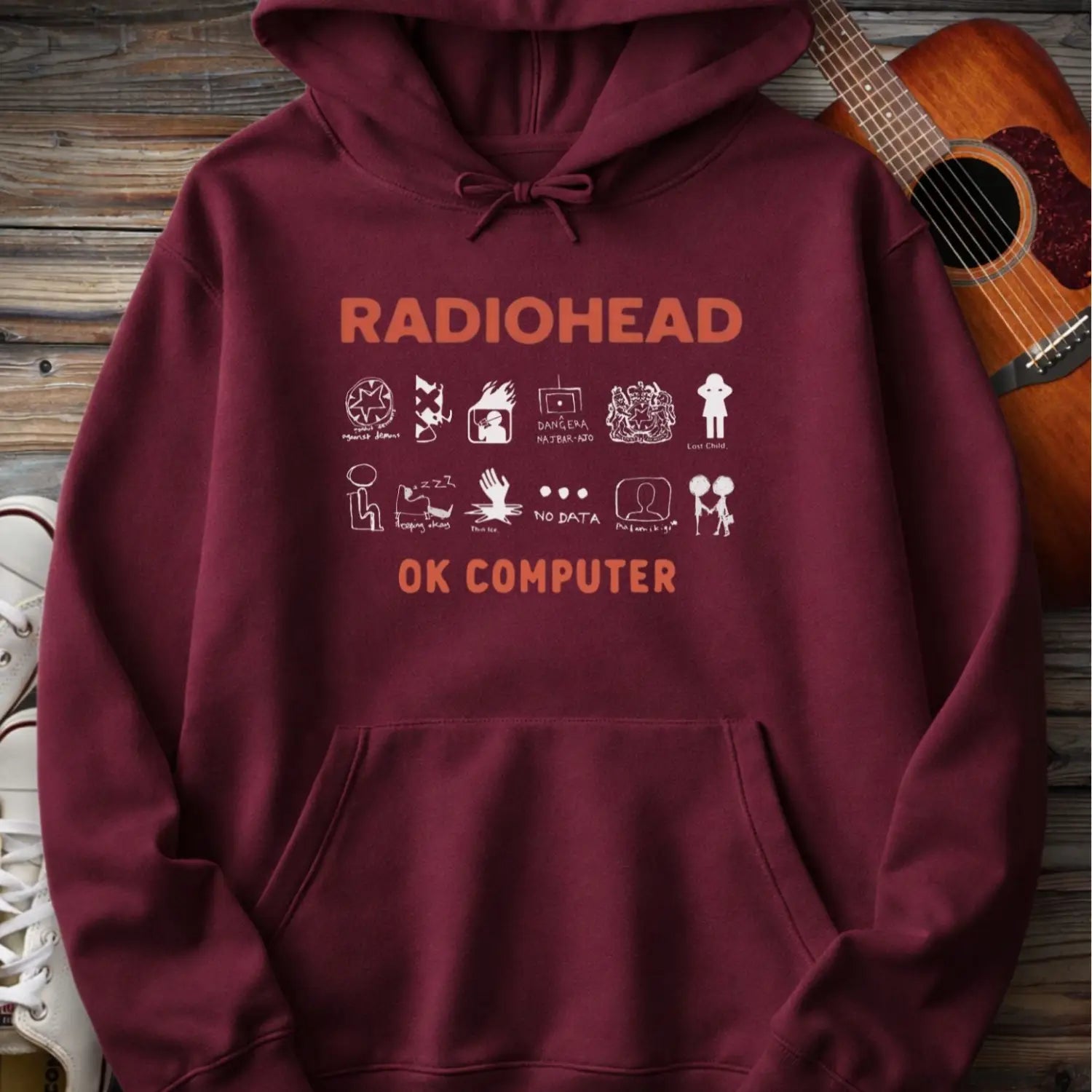 Maroon color of adult men women pullover fleece Gildan SF500 hoodie featuring vintage radiohead ok computer album rock band music