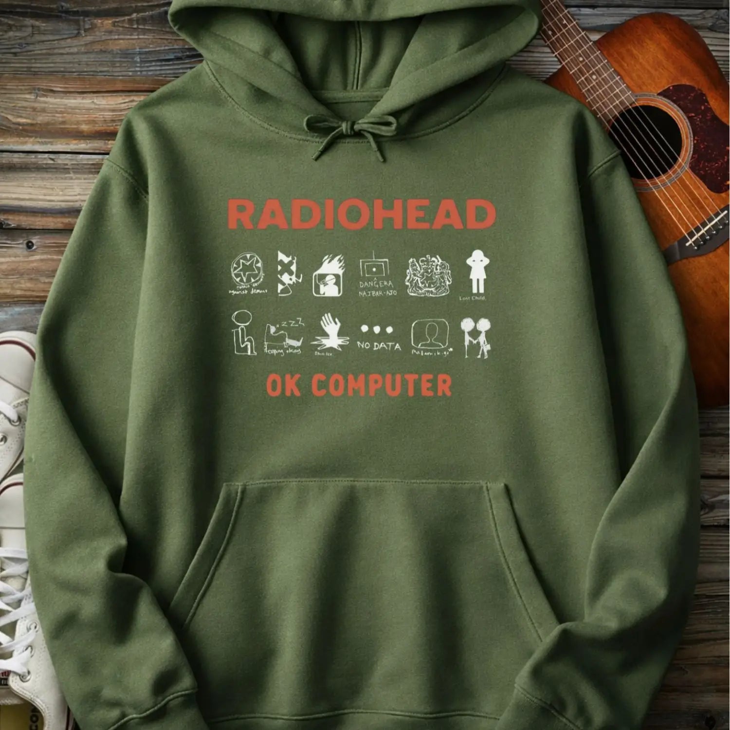 Military Green color of adult men women pullover fleece Gildan SF500 hoodie featuring vintage radiohead ok computer album rock band music