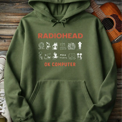 Military Green color of adult men women pullover fleece Gildan SF500 hoodie featuring vintage radiohead ok computer album rock band music