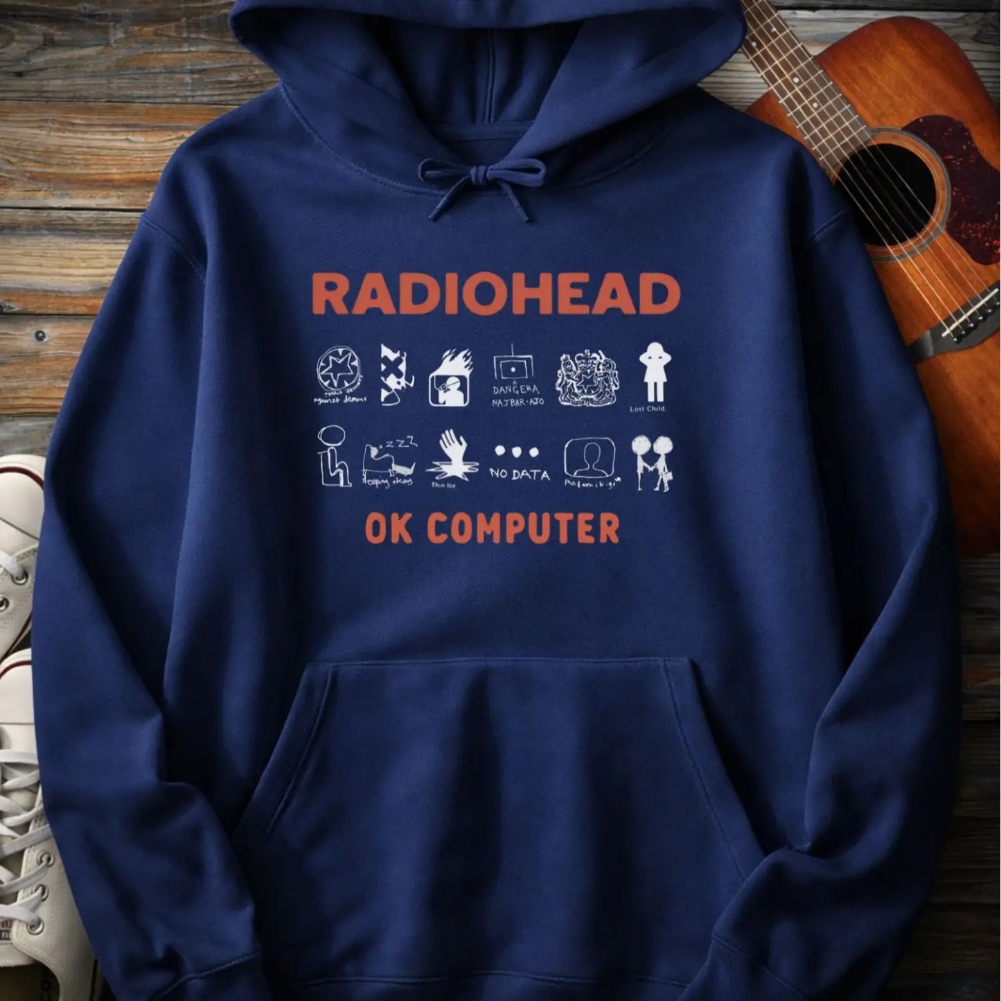 Navy blue color of adult men women pullover fleece Gildan SF500 hoodie featuring vintage radiohead ok computer album rock band music