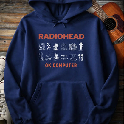 Navy blue color of adult men women pullover fleece Gildan SF500 hoodie featuring vintage radiohead ok computer album rock band music