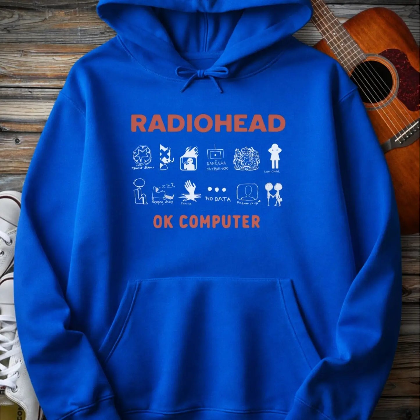 Royal blue color of adult men women pullover fleece Gildan SF500 hoodie featuring vintage radiohead ok computer album rock band music