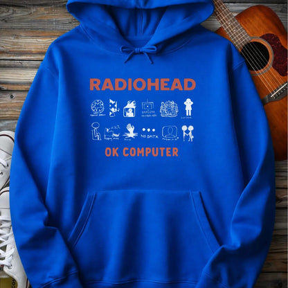 Royal blue color of adult men women pullover fleece Gildan SF500 hoodie featuring vintage radiohead ok computer album rock band music