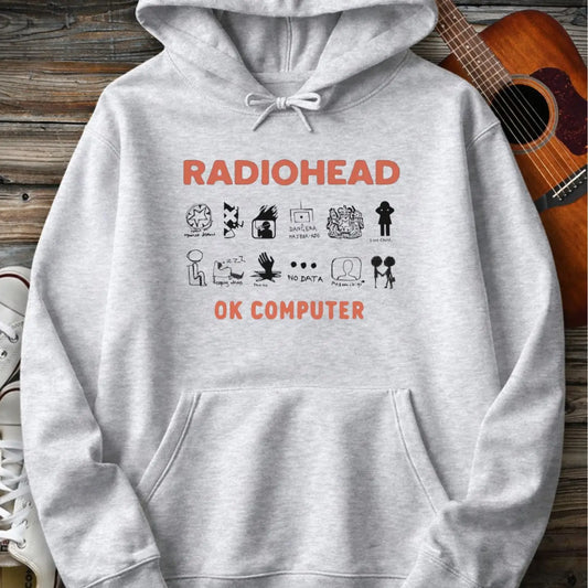 Sport grey color of adult men women pullover fleece Gildan SF500 hoodie featuring vintage radiohead ok computer album rock band music