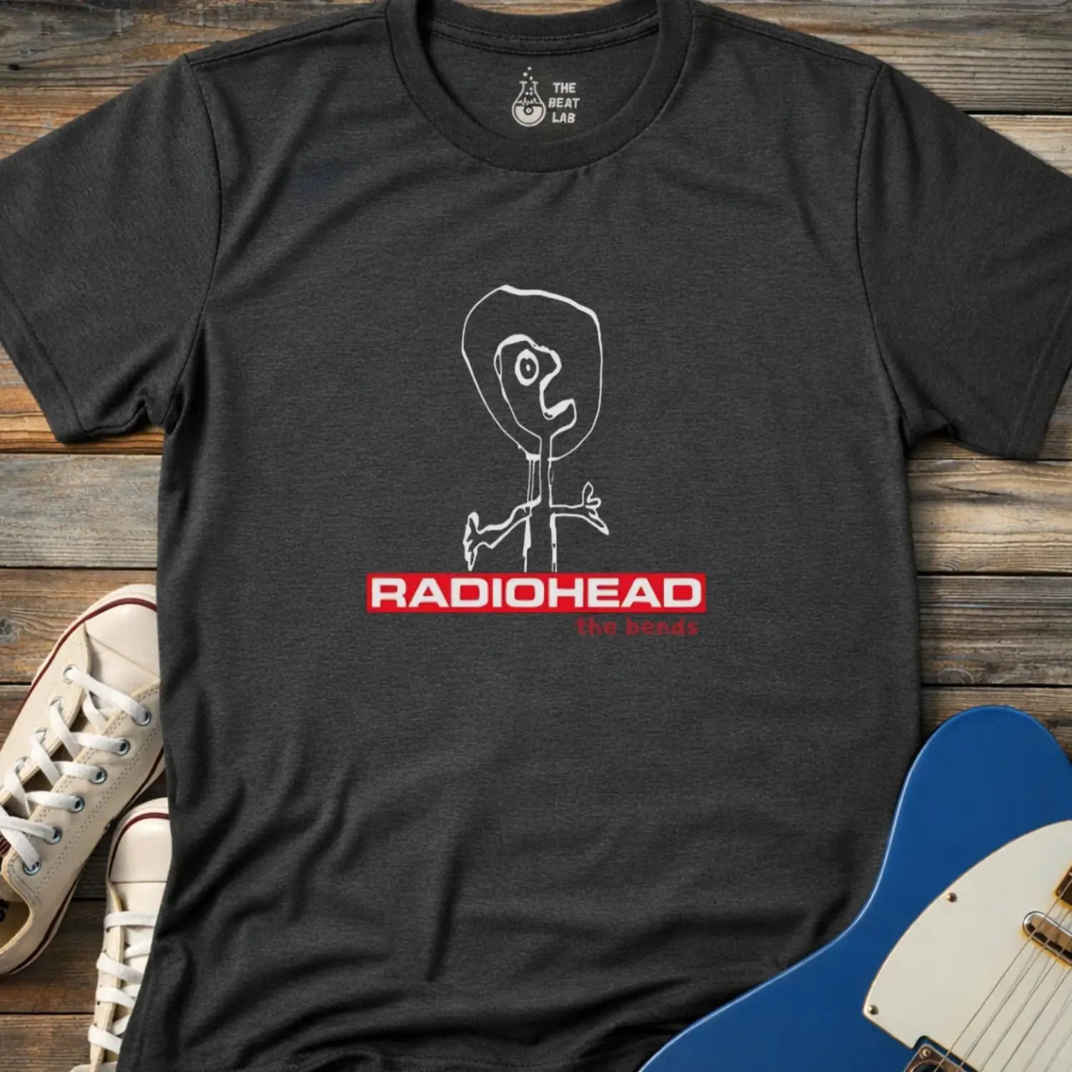 Dark heather grey gildan 64000 adult unisex shirt featuring Radiohead The Bends studio album