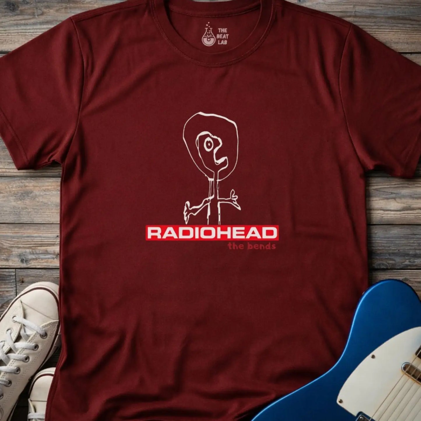 Maroon gildan 64000 adult unisex shirt featuring Radiohead The Bends studio album