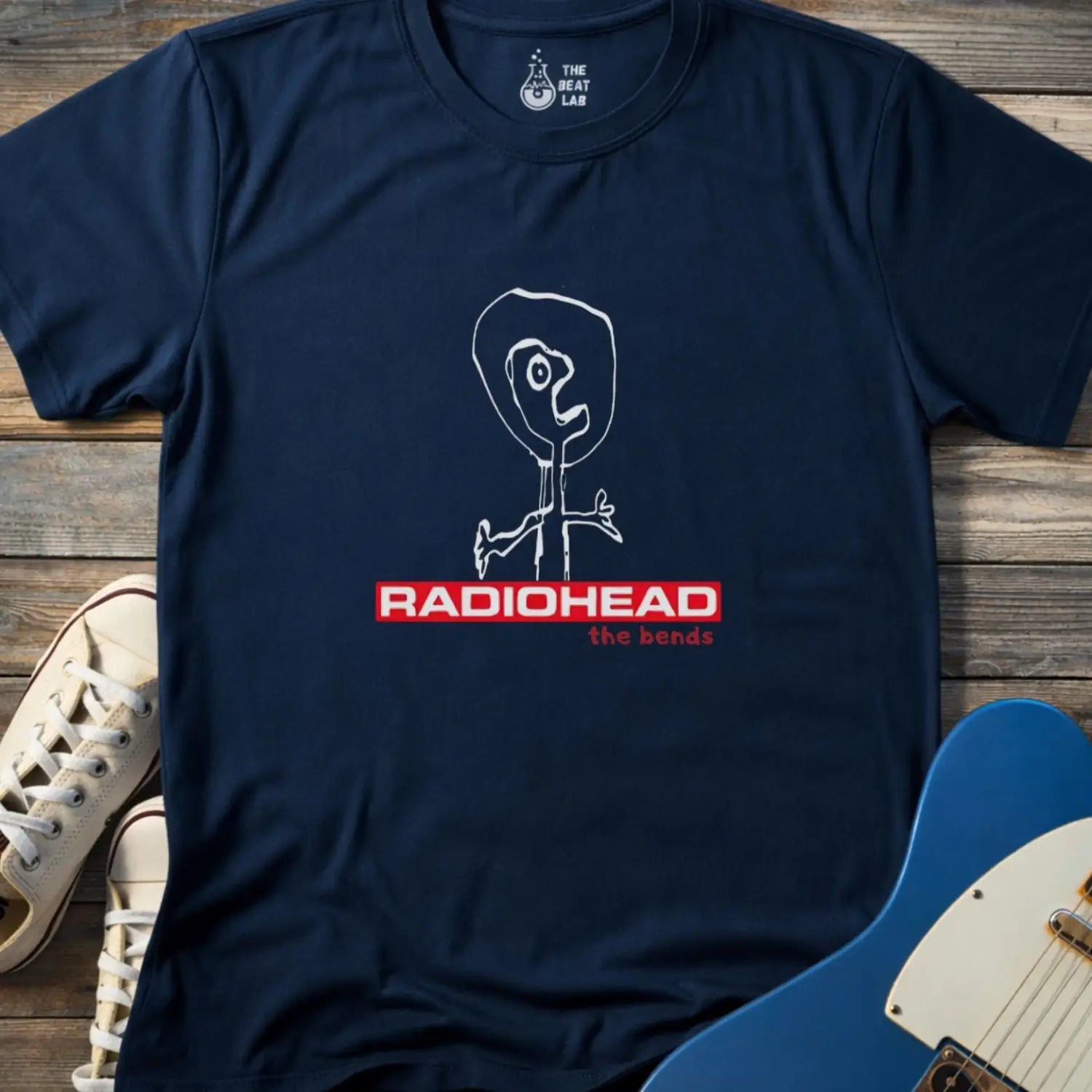 Navy blue gildan 64000 adult unisex shirt featuring Radiohead The Bends studio album