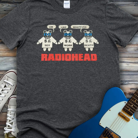 Dark gray t-shirt with a graphic print of three cartoon bears and ’RADIOHEAD’ in red.