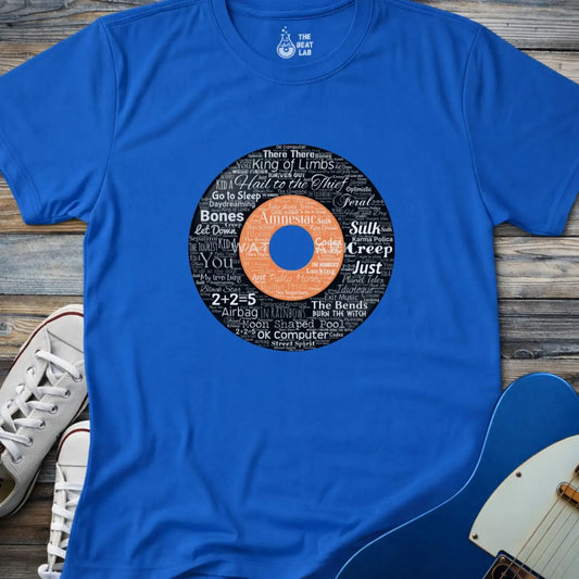 Royal blue color unisex adult shirt featuring Radiohead rock band Albums collage