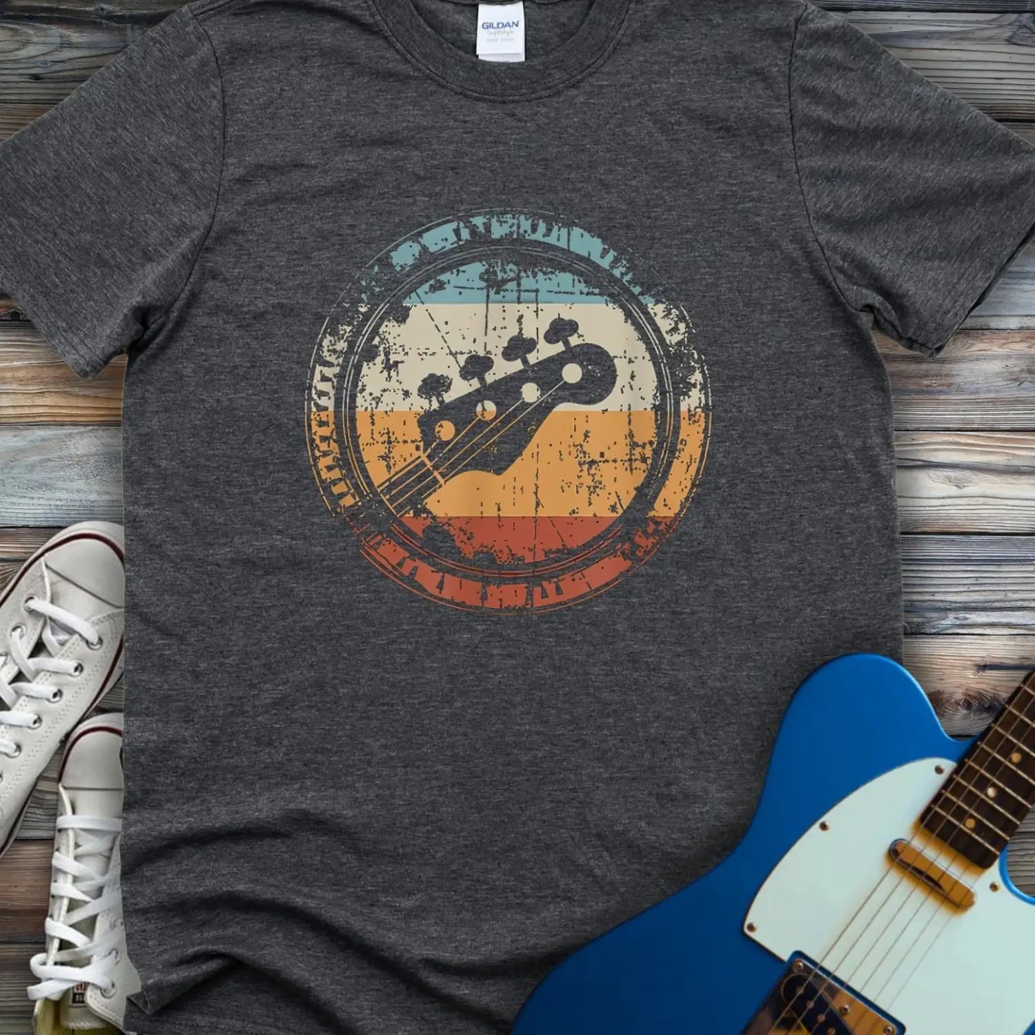 Retro Grunge Bass Guitar T-shirt Dark Heather Grey
