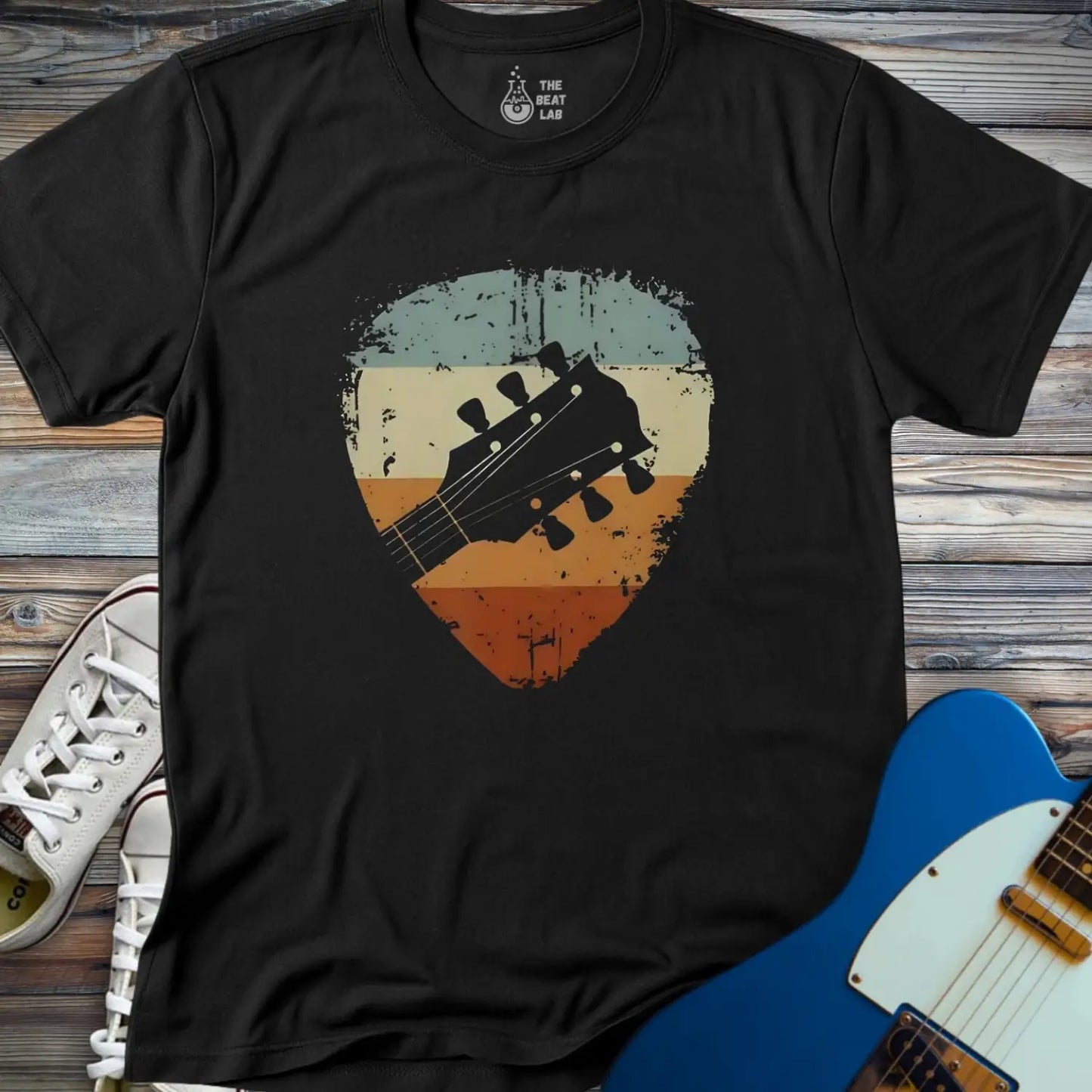 Retro Guitar Pick T-shirt - Black / S - T-Shirt