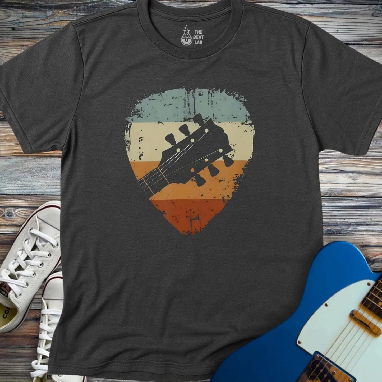 Retro Guitar Pick T-shirt - Dark Heather Grey / S - T-Shirt
