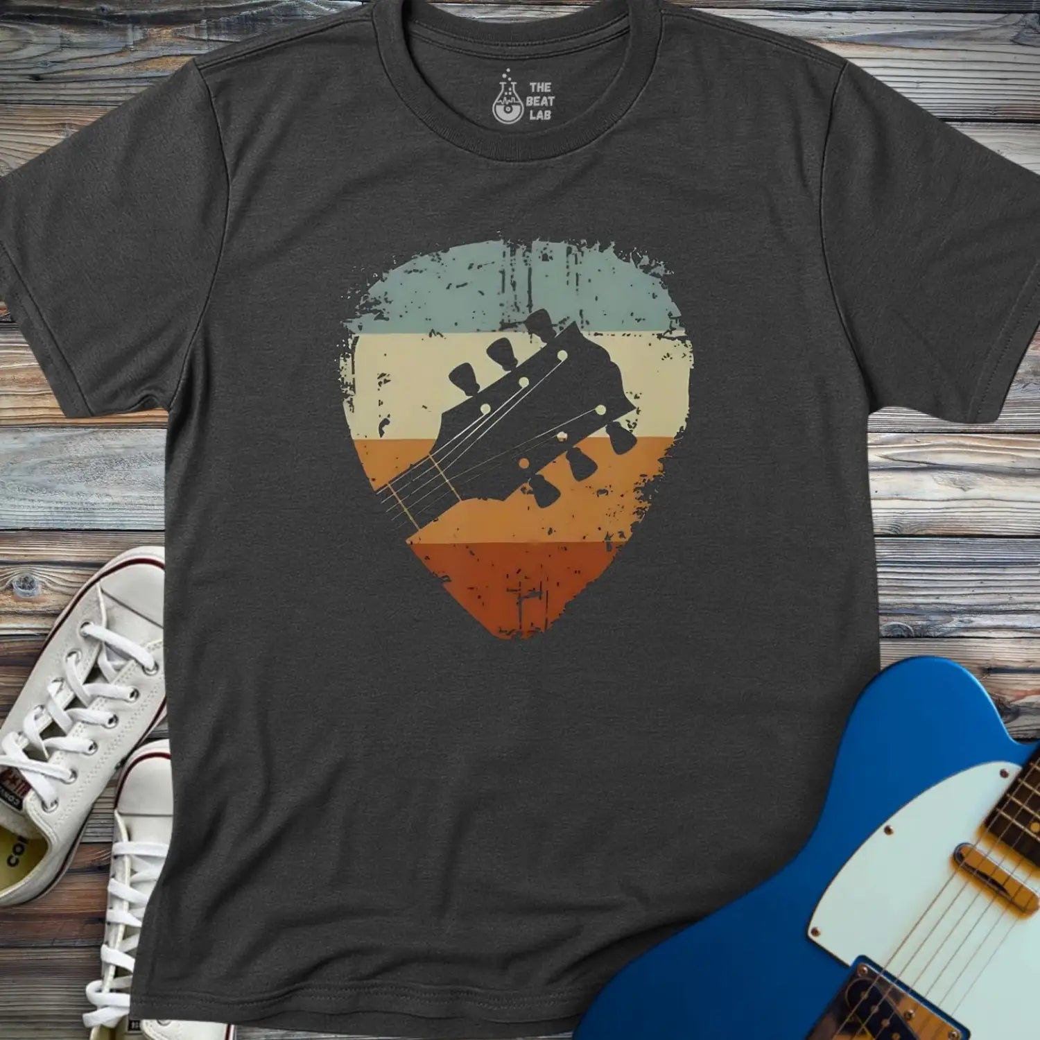 Retro Guitar Pick T-shirt - Dark Heather Grey / S - T-Shirt