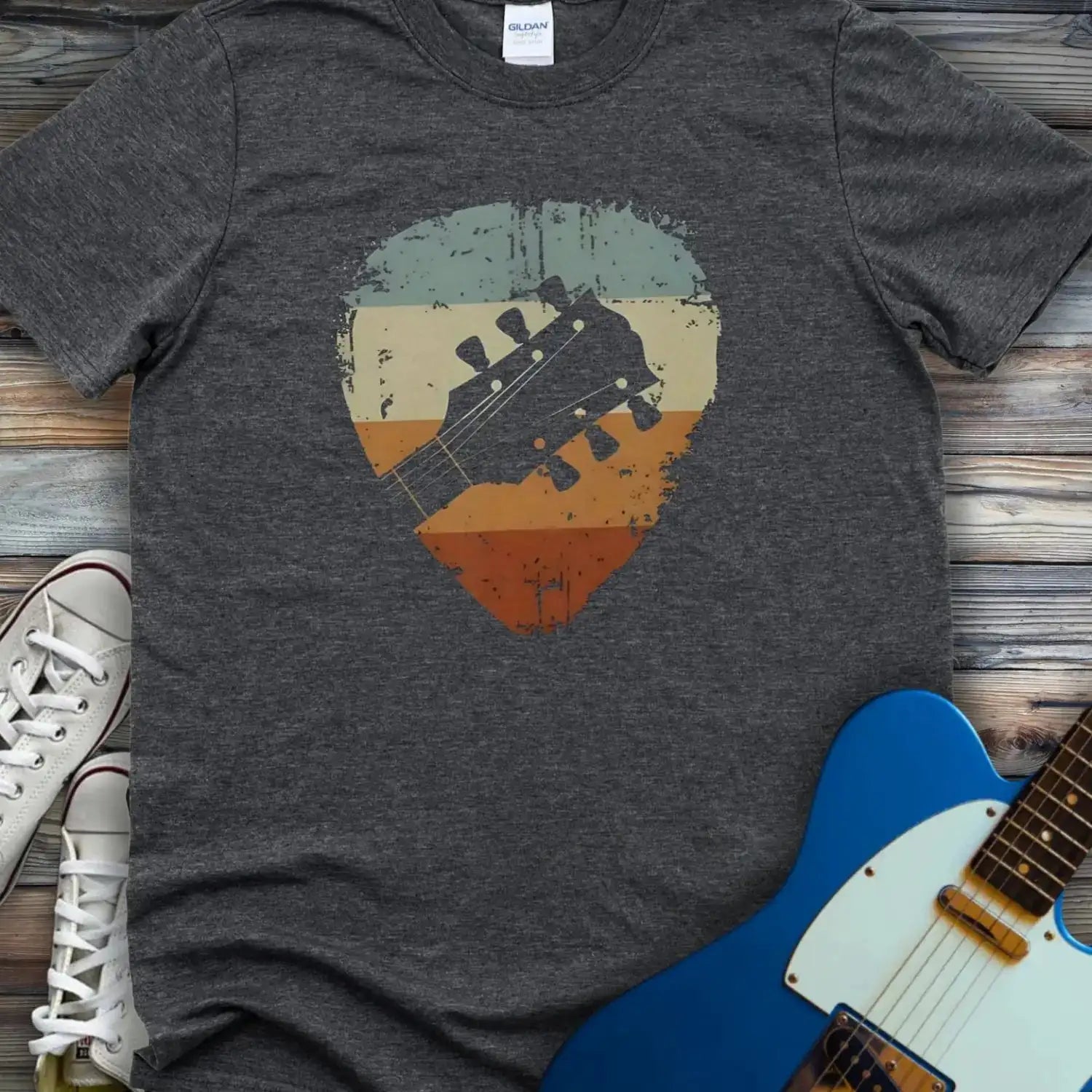Retro Guitar Pick T-shirt Dark Heather Grey