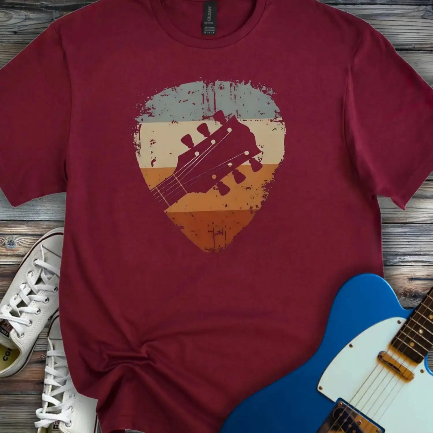 Retro Guitar Pick T-shirt Maroon